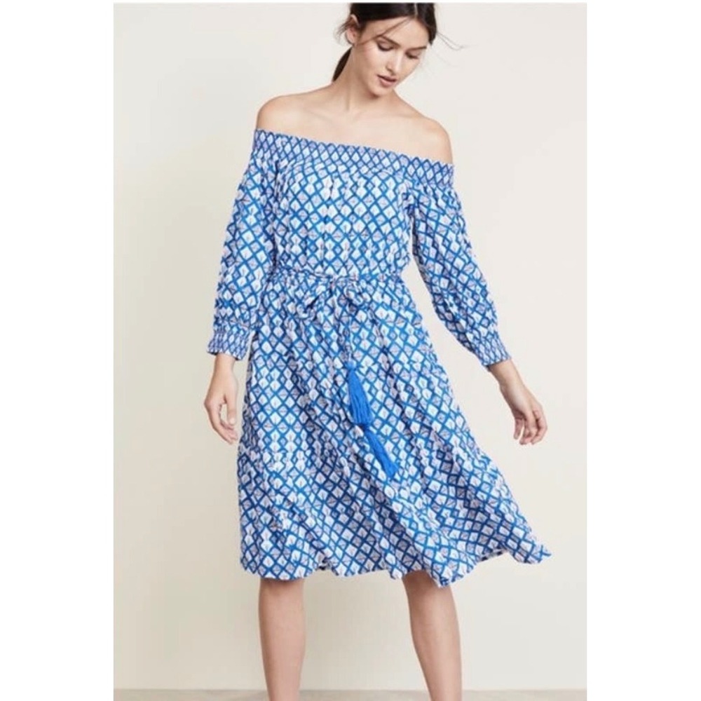 Roller Rabbit‎ Monastir Braga Blue White Off Shoulder Cotton Midi Dress XS